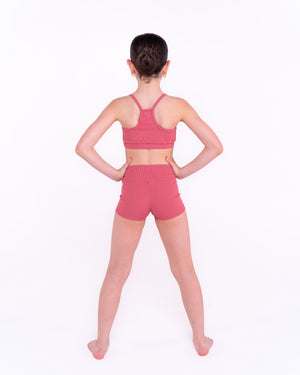 Rear view of ribbed comfy dance shorts showing coverage and fit