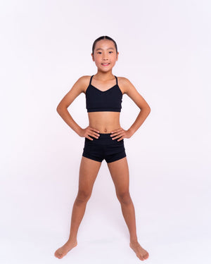 Elastic waistband close-up on ribbed comfy dance shorts