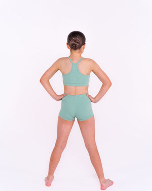 Ribbed fabric detail showing texture and quality of dance shorts