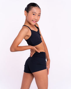 Alternative angle of ribbed dance shorts highlighting design