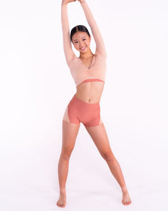 Shimmer splice dance shorts flat lay – Australian made