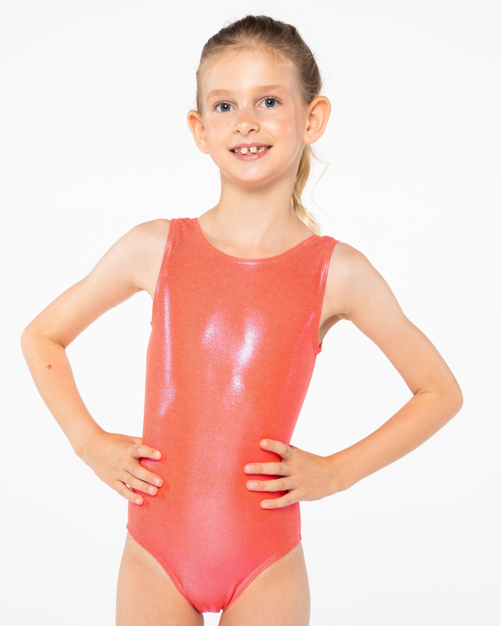 Mystique leotard in Orangeade – shiny dance & gymnastics – elastic scoop neck